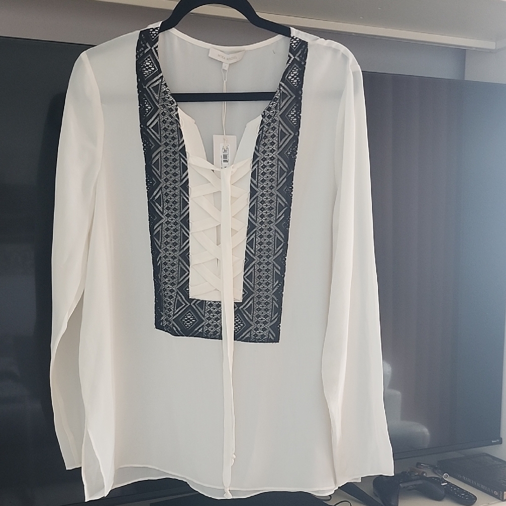 Chic White and Black Women's Blouse with Lace-Up Detail